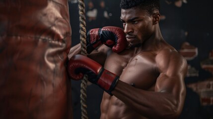 57. A boxer training intensely in a gym, throwing punches at a bag