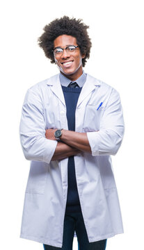 Afro american doctor scientist man over isolated background happy face smiling with crossed arms looking at the camera. Positive person.