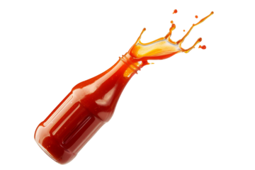 Splashing of Ketchup sauce from glass bottle isolated on background, delicious dipping tomato sauce for fried food.