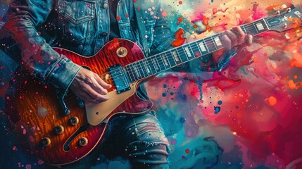 Naklejka premium Abstract Beautiful Playing Guitar In The Foreground, Watercolor Painting Background, Artistic And Dynamic, High Quality Background
