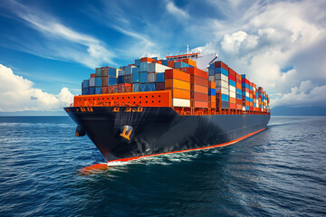 A large cargo container ship carrying containers for import and export by sea.