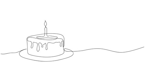 Continuous one line drawing of birthday cake with candles. Symbol of sweet celebration torte and pastry confectionery icon concept in simple linear style. Vector illustration in flat style