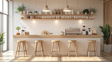 A serene, flat design illustration of a cozy counter mockup, characterized by its simplicity and clean lines. The neutral color scheme and uncluttered space make it an ideal setting for presenting a