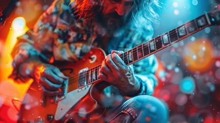 Obraz premium Abstract Pattern With A Guitarist Double Exposure, Creative And Dynamic, High Quality Background