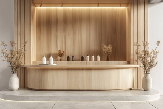 A 3D-rendered mockup of a modern, minimalistic counter design, perfect for presenting products in a clean and sophisticated environment. The simple yet elegant layout enhances the visual appeal of
