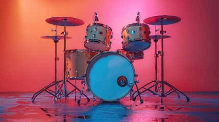 Acoustic Drum Set On A Colored Background, 3D Illustration, Dynamic And Vibrant, High Quality Background
