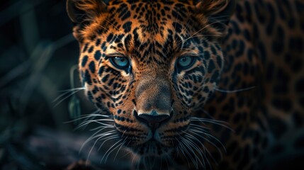 Obraz premium Close-up of a leopard's face with its piercing blue eyes.