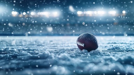 American Football in the Snow - A solitary American football lies in the snow on a field under the lights of a stadium