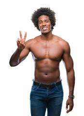 Afro american shirtless man showing nude body over isolated background showing and pointing up with fingers number two while smiling confident and happy.