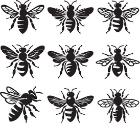 Set of bee silhouette vector