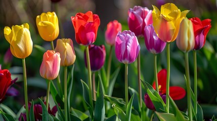 A colorful garden of tulips in full bloom, featuring a variety of shades including red, yellow, pink, and purple, each flower standing tall and proud, the green stems and leaves adding to the vibrant