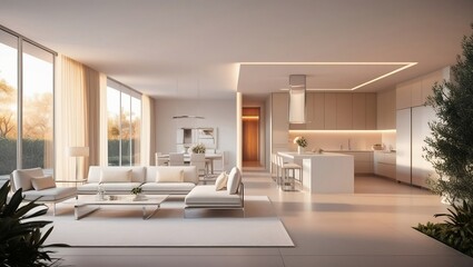A modern minimalist home interior design with clean lines, neutral color palette, featuring an open-concept living space connected to a spacious kitchen, 