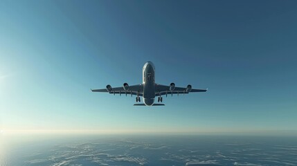 The airplane taking off into a clear blue sky. The view is from the ground, showing the plane ascending