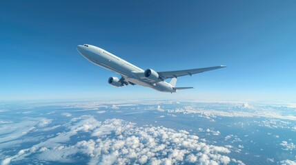 Obraz premium The airplane taking off into a clear blue sky. The view is from the ground, showing the plane ascending