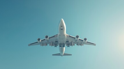 The airplane taking off into a clear blue sky. The view is from the ground, showing the plane ascending