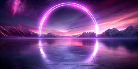 Ethereal landscape with a luminous purple arc reflecting over a calm lake, surrounded by misty mountains under a twilight sky.