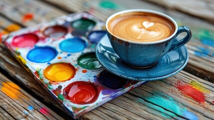 Artwork With Watercolor Paints Palette And Coffee, Flat Lay, Artistic Work Tools, Cozy And Creative, High Quality Background