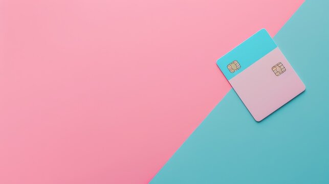 Credit Card on Pink and Blue Background - A credit card lying on a pastel pink and blue background, ideal for marketing or branding materials.