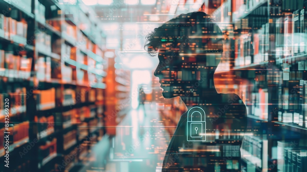Poster data security in the library - a silhouette of a person standing in a library with a padlock icon su