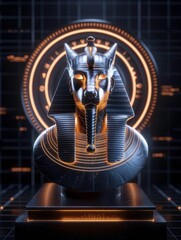 Futuristic depiction of an Anubis statue in gold and black with intricate geometric background, blending ancient Egyptian culture and sci-fi elements.
