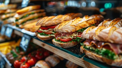 Delicious Sandwiches Displayed in Bakery Case - A tempting display of sandwiches arranged in a bakery case. Fresh bread, flavorful fillings and vibrant vegetables create a mouthwatering visual.
