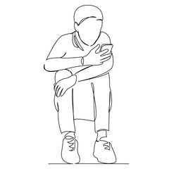 continuous single drawn one line boy with phone hand-drawn picture silhouette. Line art. doodle