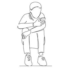 continuous single drawn one line boy with phone hand-drawn picture silhouette. Line art. doodle