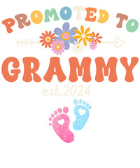 A colorful graphic announcing a new grandma with the text "Promoted to Grammy est. 2024" with flowers, an arrow, and baby footprints.