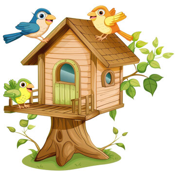 recommend clip art: Whimsical illustration of three colorful birds perched on a charming wooden birdhouse in a tree, surrounded by green foliage.