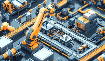 yellow robot arm in high tech factory industry concept isometric view top view background