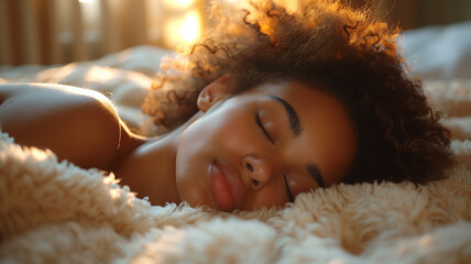 Peaceful woman sleeping in bed with curly hair and sunlit blanket