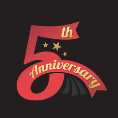 5th anniversary logo with modern luxury text and red ribbon concept. 5 years anniversary celebration banner, poster, greeting card. 5th birthday template, badge, label. Vector illustration.