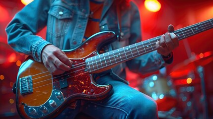 Obraz premium Bass Player In A Concert, Rhythmic And Focused, High Quality Background