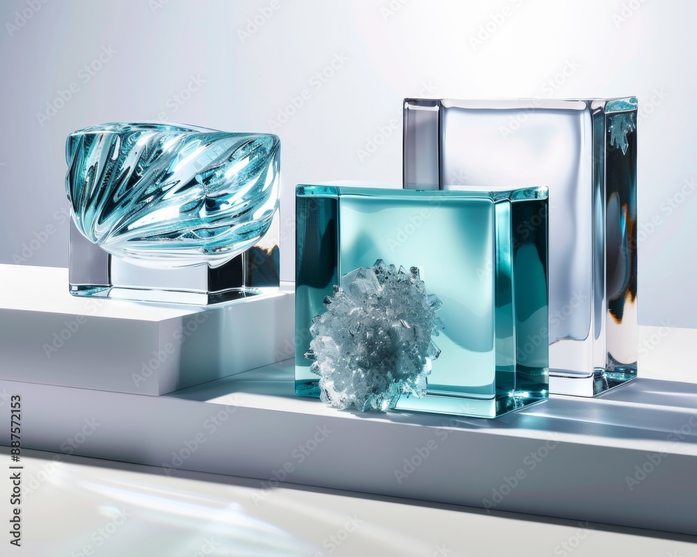 Poster luxurious packaging design featuring crystal and glass elements in a modern studio setting