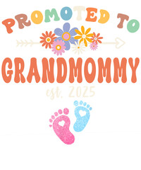 A colorful graphic design announcing a promotion to "Grandmommy" with flowers, arrow, and baby footprints. Perfect for a new grandma.