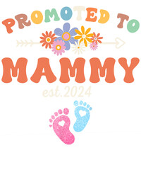 A colorful graphic design celebrating a new mom with the text "Promoted to Mommy est. 2024" and floral elements.