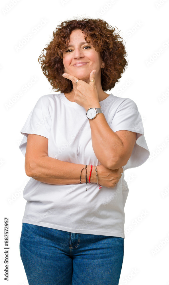 Poster beautiful middle ager senior woman wearing white t-shirt over isolated background looking confident 