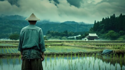 Obraz premium man in a japanese rice field at peace