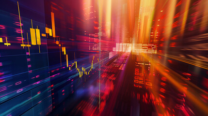 A colorful, abstract cityscape with a lot of numbers and lines