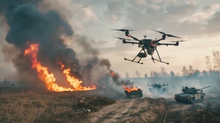 Military drone flying over tanks in a warzone scenario