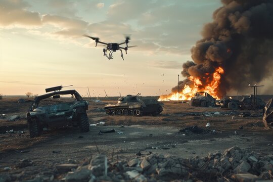 Drone capturing intense wartime action and destruction