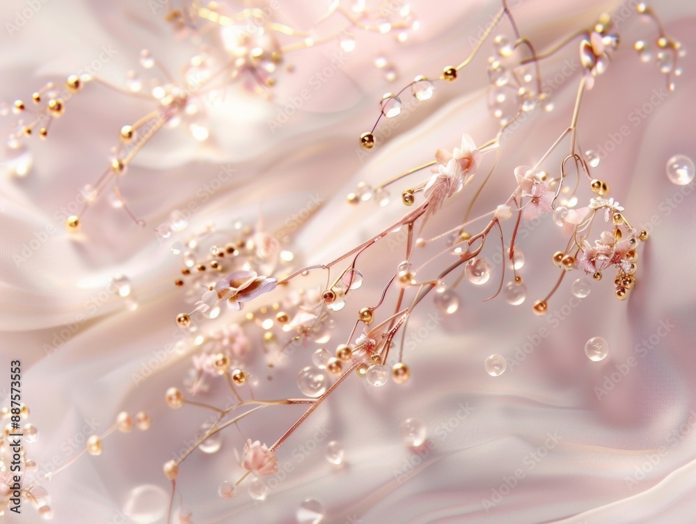 Poster delicate glassmorphism design with crystal and glass elements on light fabric, emphasizing airy, lig
