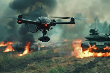 Military drone flying over battlefield with tanks fire