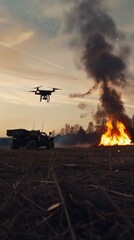 Obraz premium Drone flying over burning vehicle on a smoky battlefield