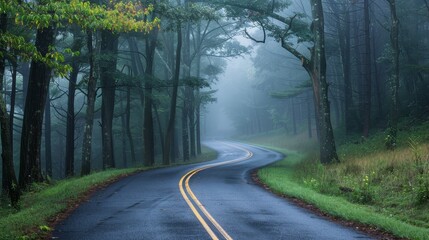 Obraz premium Misty Road Through a Forest - A winding road through a lush forest shrouded in mist, creating an ethereal and mysterious atmosphere.