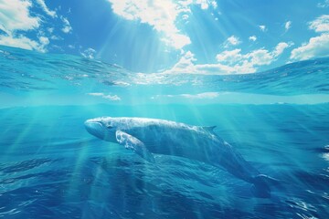 Fototapeta premium World oceans day. The blue whale swimming near a surface with a view of the blue sky.