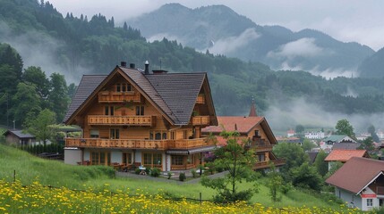Obraz premium Men in lederhosen and women in dirndls posing for a photo in front of a traditional Bavarian chalet Stock Photo with copy space