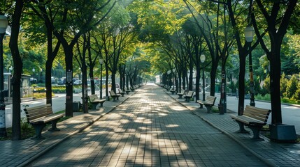 Peaceful Alleyway: Tranquil Morning Walk - A serene path lined with trees and benches, bathed in the soft light of a summer morning. The scene evokes tranquility and a sense of peaceful escape.