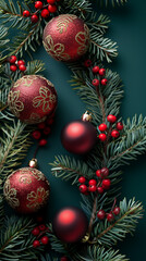 Obraz premium fir branches with Christmas balls and holy berries