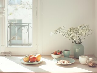 Morning Freshness A Sunny Kitchen with a Healthy Breakfast Spread, Featuring Fruits and Yogurt